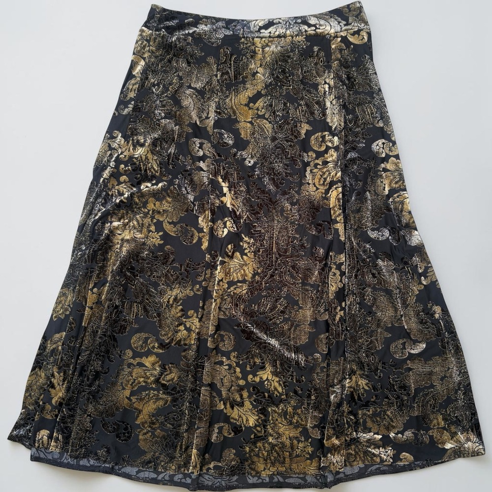 Jones‎ New York MIDI Skirt S Black Gold Burnout Velvet Damask Elegant Goth Glam - Picture 2 of 6